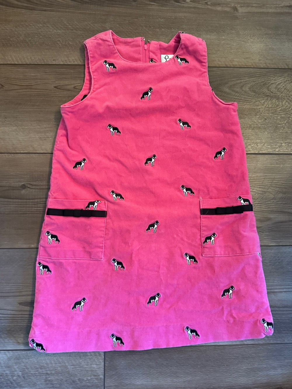 Lilly Pulitzer Girls Pink Boston Terrier Dog Embroidered Corduroy Pinafore Dress
